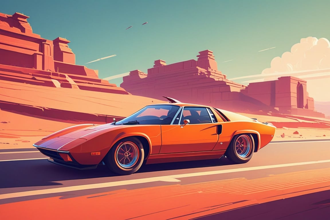 (by James Gilleard, (Andreas Rocha:1.15):1.05), cat, exotic car, Pattadakal, dynamic angle, (side view:1.2), retro artstyle, award-winning, minimalist, simple, wide landscape, high contrast, highly detailed, intricate,