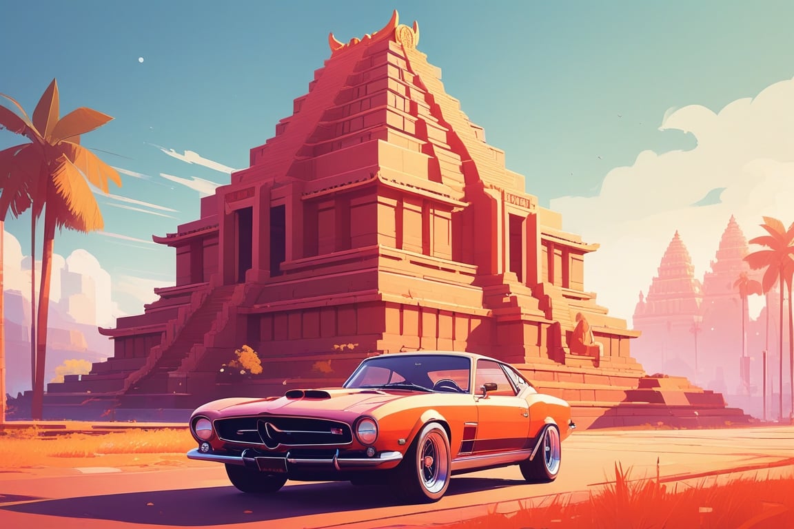 (by James Gilleard, (Andreas Rocha:1.15):1.05), cat, exotic car, Great Living Chola Temples, dynamic angle, (side view:1.2), retro artstyle, award-winning, minimalist, simple, wide landscape, high contrast, highly detailed, intricate,