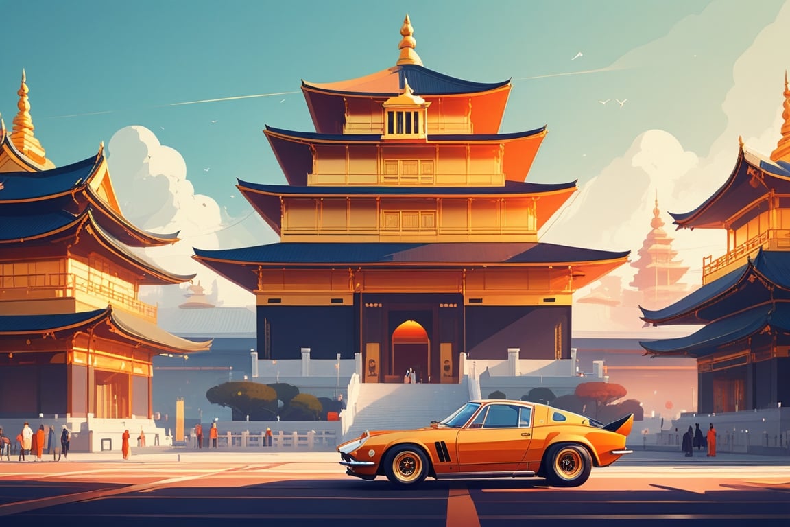 (by James Gilleard, (Andreas Rocha:1.15):1.05), cat, exotic car, Golden Temple, dynamic angle, (side view:1.2), retro artstyle, award-winning, minimalist, simple, wide landscape, high contrast, highly detailed, intricate,