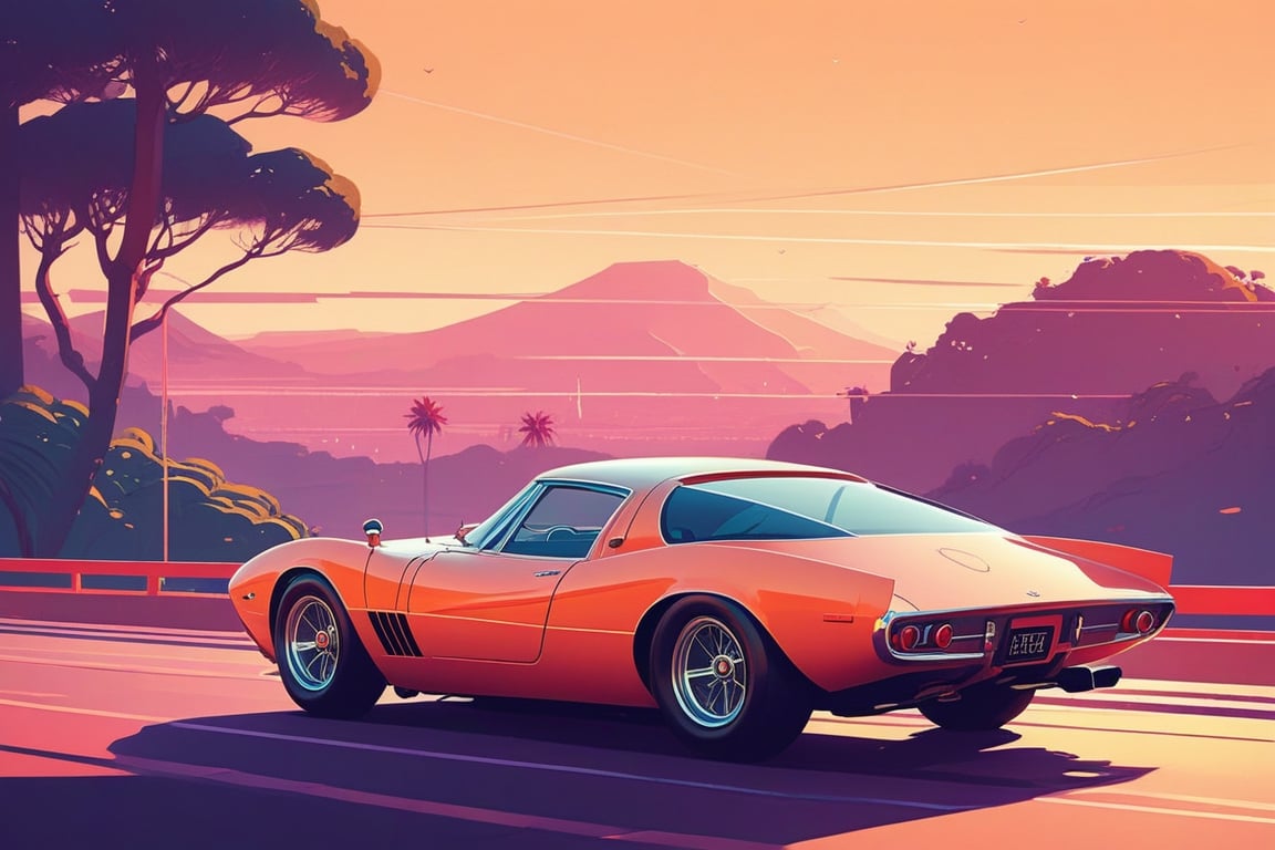 (by James Gilleard, (Andreas Rocha:1.15):1.05), cat, exotic car, Sanchi, dynamic angle, (side view:1.2), retro artstyle, award-winning, minimalist, simple, wide landscape, high contrast, highly detailed, intricate,