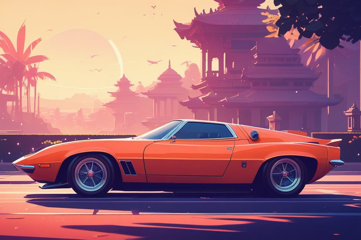 (by James Gilleard, (Andreas Rocha:1.15):1.05), cat, exotic car, Konark, dynamic angle, (side view:1.2), retro artstyle, award-winning, minimalist, simple, wide landscape, high contrast, highly detailed, intricate,