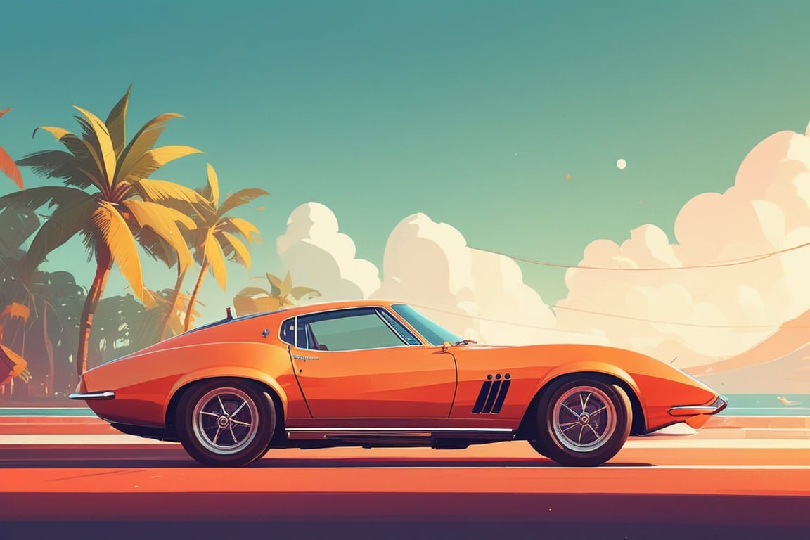 (by James Gilleard, (Andreas Rocha:1.15):1.05), cat, exotic car, Velha Goa, dynamic angle, (side view:1.2), retro artstyle, award-winning, minimalist, simple, wide landscape, high contrast, highly detailed, intricate,