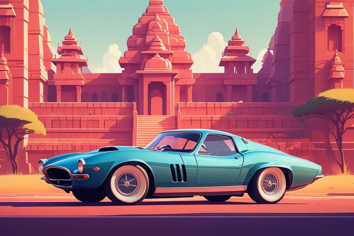 (by James Gilleard, (Andreas Rocha:1.15):1.05), cat, exotic car, Khajuraho, (side view:1.2), retro artstyle, award-winning, minimalist, simple, wide landscape, high contrast, highly detailed, intricate,