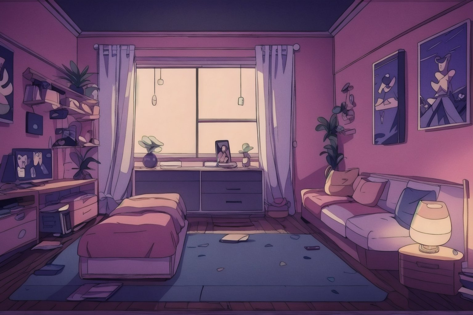 (masterpiece), best quality, scenery, indoors, bedroom, cassette player, bed, window, desk, curtain, beanbag chair, lava lamp, polaroids, kawaii, cute, girly decorations, dreamy colors, 90s, LOFI, retro anime, lofi artstyle,retro artstyle, no_humans, bokeh, simple background, anime_screencap,