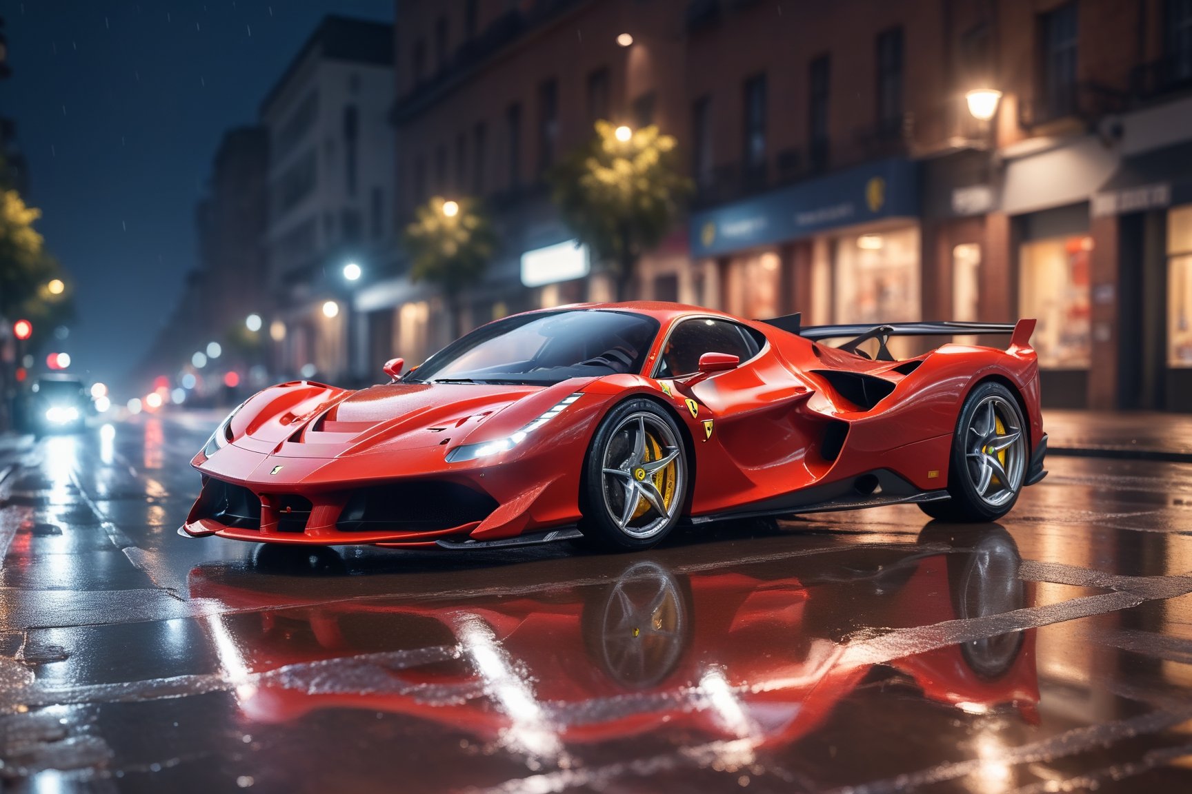 Ferrari SF90 2024 running on city street at night,detailed glossy body,head lights,bokeh background,wet road,puddles, trending on artstation,sharp focus,studio photo,bokeh backdrop,intricate details,highly detailed,wide shot,by greg rutkowsking in a city street at night