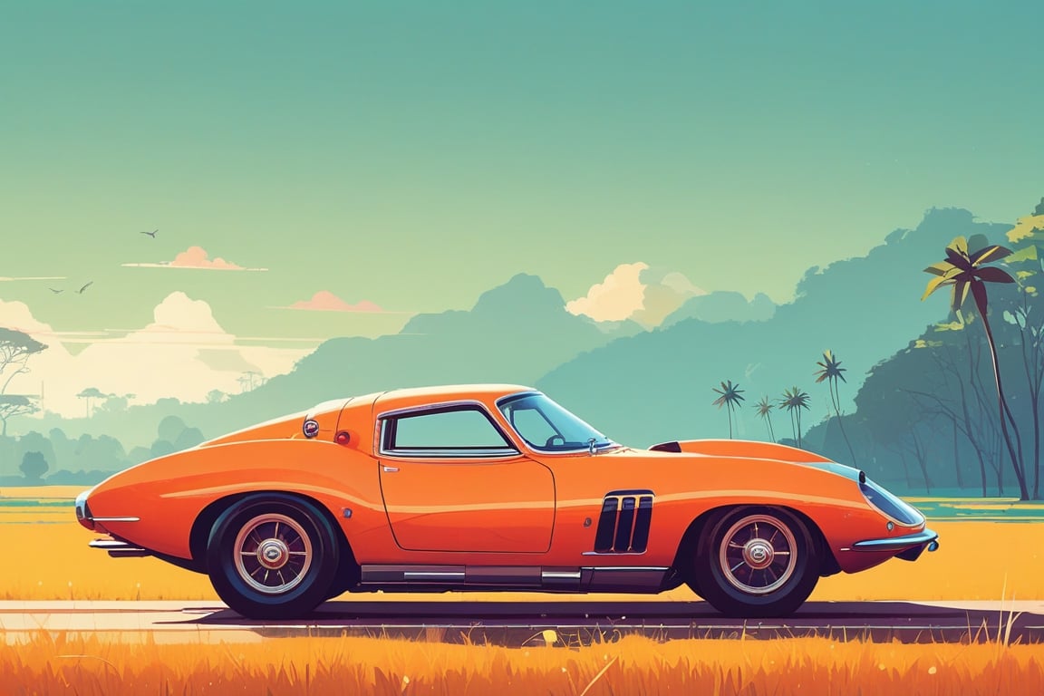 (by James Gilleard, (Andreas Rocha:1.15):1.05), cat, exotic car, Kaziranga National Park, (side view:1.2), retro artstyle, award-winning, minimalist, simple, wide landscape, high contrast, highly detailed, intricate,