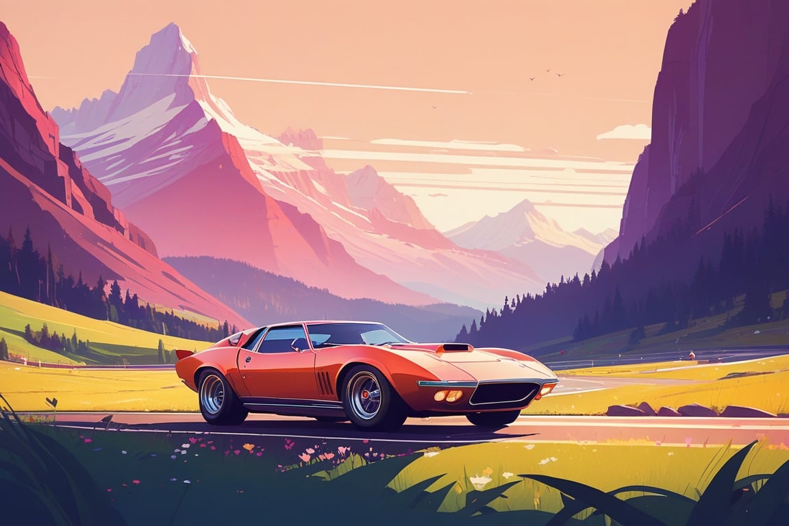 (by James Gilleard, (Andreas Rocha:1.15):1.05), cat, exotic car, Valley of Flowers National Park, dynamic angle, (side view:1.2), retro artstyle, award-winning, minimalist, simple, wide landscape, high contrast, highly detailed, intricate,
