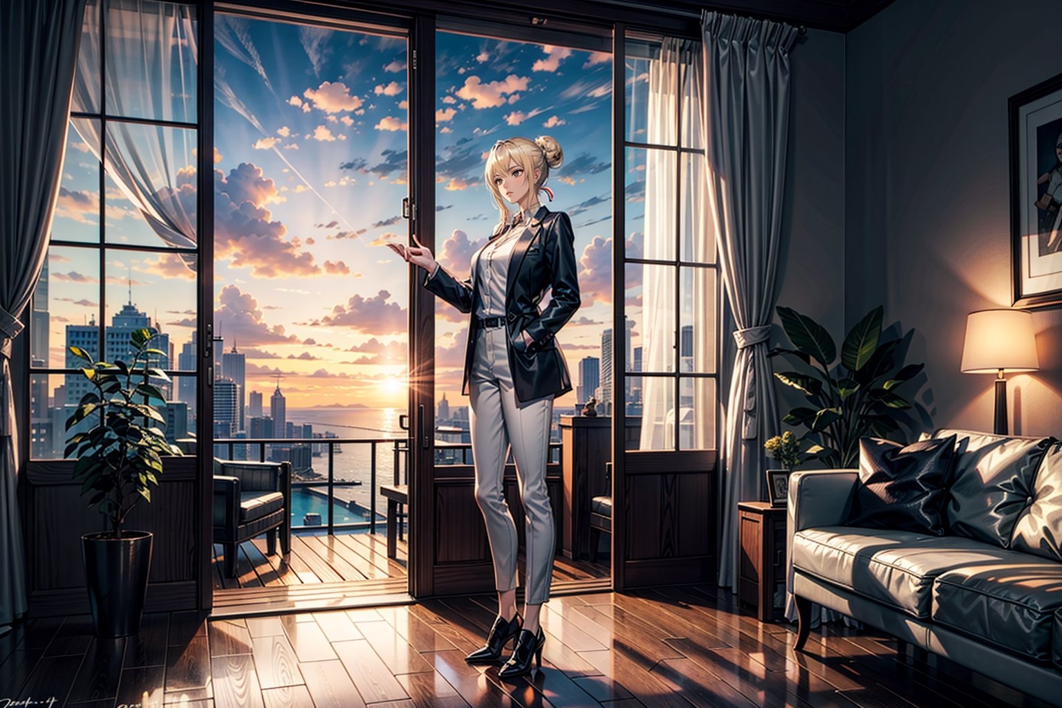 1girl, solo, looking at viewer, pale skin, blond hair, straight hair, high bun, loose plain short black office jacket, white shirt, white formal pants, white shoes, night sky, sunset, interior, living room, scenery, highres, high quality, highly detailed