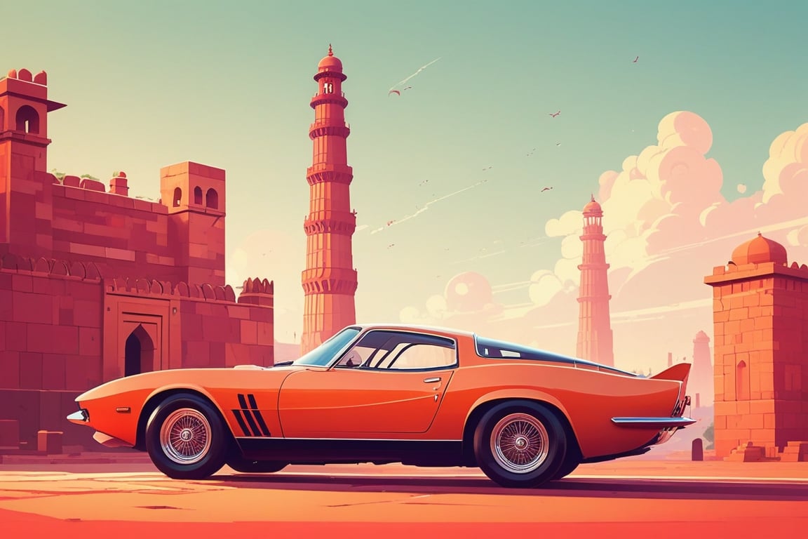(by James Gilleard, (Andreas Rocha:1.15):1.05), cat, exotic car, qutub minar monuments, dynamic angle, (side view:1.2), retro artstyle, award-winning, minimalist, simple, wide landscape, high contrast, highly detailed, intricate,
