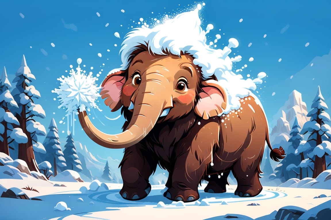 cartoon flat, cute mammoth playing with snow, high detail cartoon vector illustration, cartoon character design, simple, minimalist, cute, funny, chibi, kawaii, isolated on transparent background, digital rendering,Flat vector art,Vector illustration,Illustration