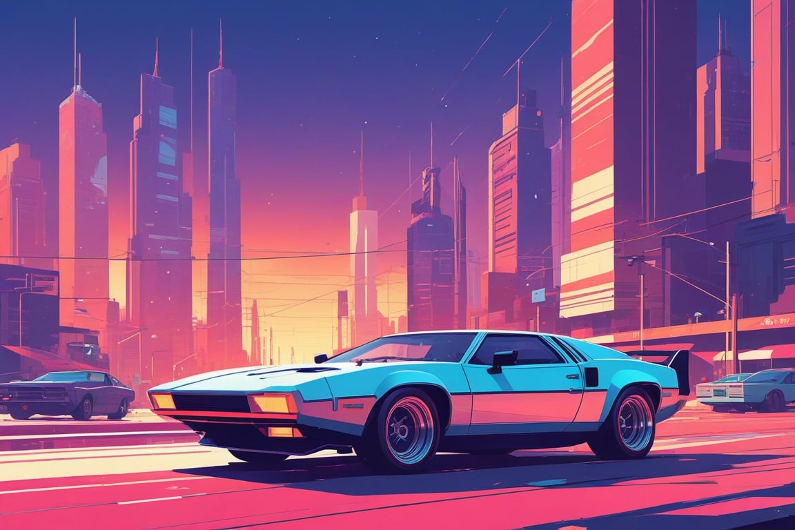 (by James Gilleard, (Laurie Greasley:1.05):1.15), cat, exotic car, cyberpunk city, dynamic angle, (side view:1.2), retro artstyle, award-winning, minimalist, simple, wide landscape, high contrast, (Minimal vector art, vector art:1.2), highly detailed, intricate,