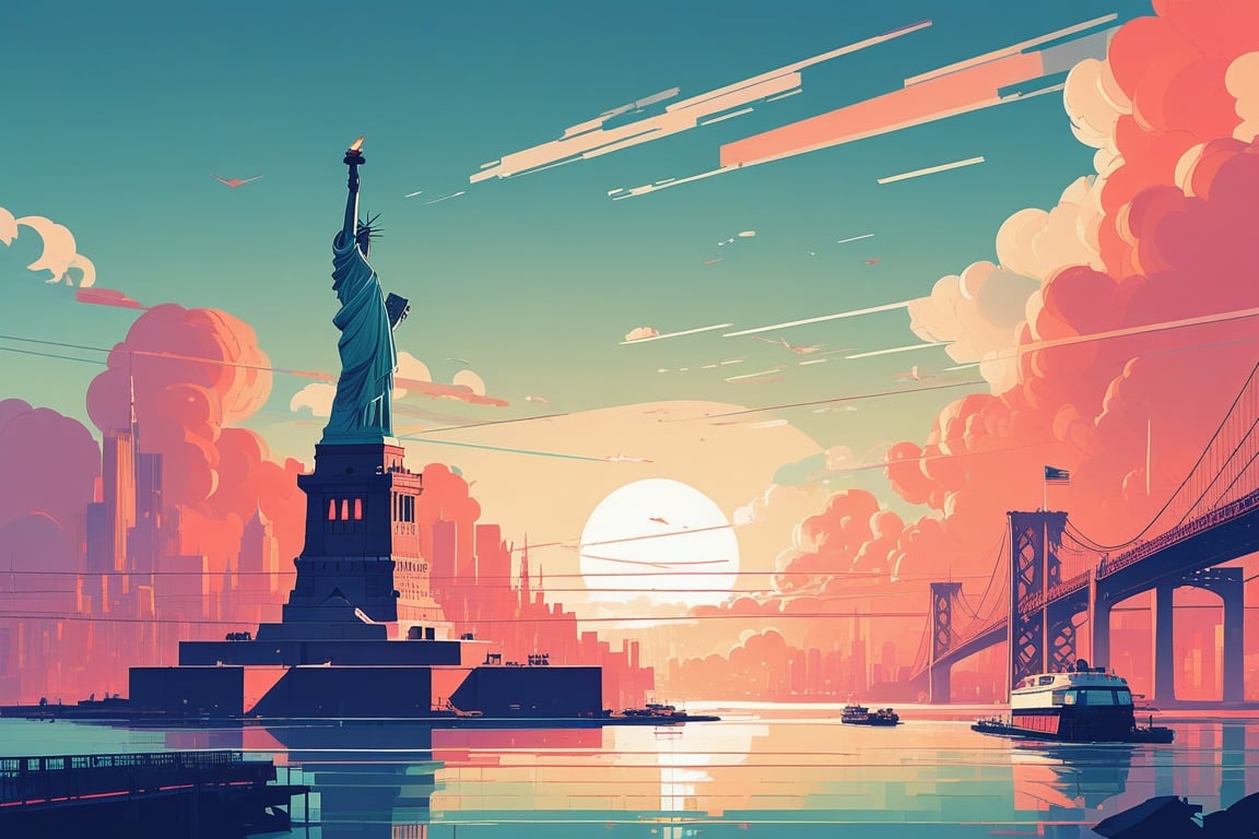 (by James Gilleard, (Laurie Greasley:1.05):1.15), new york city, train, bridge, statue of liberty, clouds, skyscapers, cyberpunk city, dynamic angle, (side view:1.2), retro artstyle, award-winning, minimalist, simple, wide landscape, high contrast, (Minimal vector art, vector art:1.2), highly detailed, intricate,