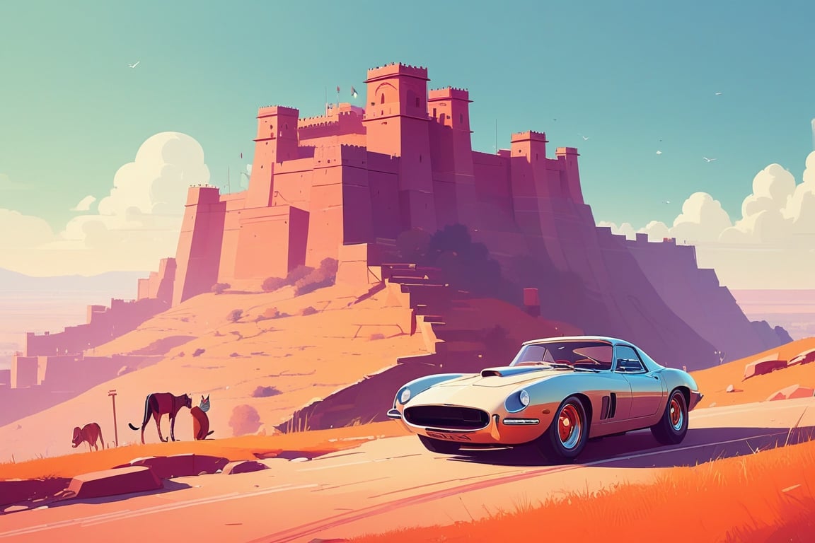 (by James Gilleard, (Andreas Rocha:1.15):1.05), cat, exotic car, Hill Forts of Rajasthan, dynamic angle, (side view:1.2), retro artstyle, award-winning, minimalist, simple, wide landscape, high contrast, highly detailed, intricate,