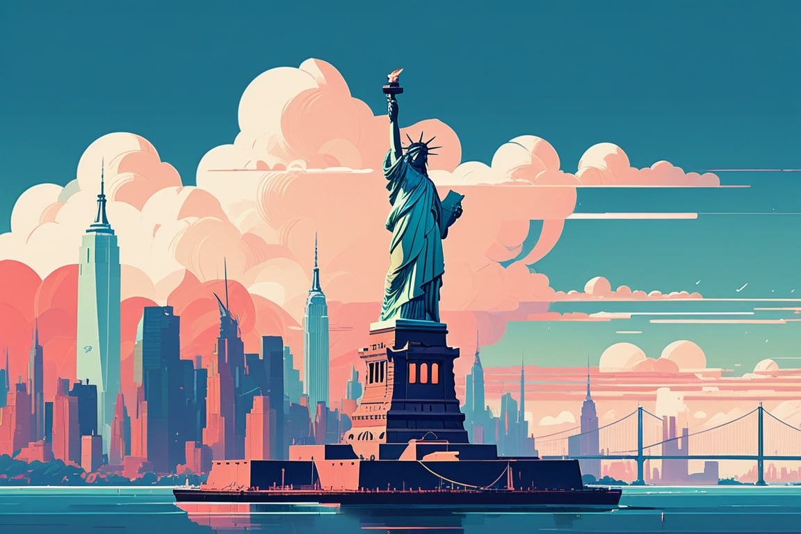 (by James Gilleard, (Laurie Greasley:1.05):1.15), new york city, train, bridge, statue of liberty, clouds, skyscapers, cyberpunk city, dynamic angle, (side view:1.2), retro artstyle, award-winning, minimalist, simple, wide landscape, high contrast, (Minimal vector art, vector art:1.2), highly detailed, intricate,