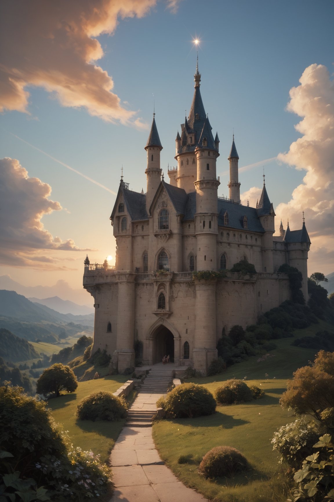 score_9_up, score_8_up, score_7_up, score_9_up, score_8_up, score_8_up, 

professional photo, masterpiece, photorealistic, hyper-detailed, realistic, ultra-high resolution, highest quality 

Generate an image showing a majestic medieval castle at sunrise. The castle should be situated on a hill, overlooking the vast valley below. Its stone walls and towers are illuminated by the first rays of the sun, giving them a golden glow. The rising sun creates a warm, orange-pink glow in the sky, with delicate clouds reflecting these colors. 

There are dense forests around the castle, and in the valley you can see the river flowing along the castle walls. In the castle courtyard, you can see knights and horses preparing for the day, as well as flags flying from the towers. The entire scene should exude calm and majestic beauty, emphasizing the historic and epic nature of the place.