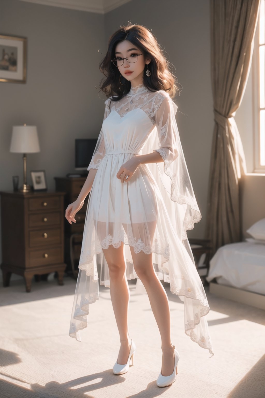 nsfw, nude, 21yo naked girl, professional photo, masterpiece, photorealistic, hyper-detailed, realistic, ultra-high resolution, correct anatomy, highest quality

see-through clothes, small feet, 1 girl, in a bedroom, detailed face, ,fantasy_world, masterpiece,  windy, lace dress, white stockings, mary jane shoes, glasses, stand up,High detailed ,SAM YANG