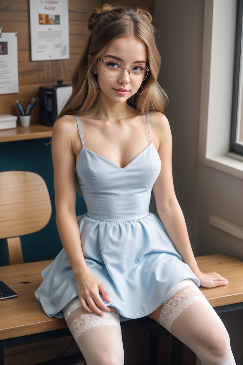 nsfw, 21yo girl, professional photo, stunningly beautiful girl, see-through clothes, sexy blue dress, ((Detailed eyes)), mary jane shoes, full body, sit on desktop, white stockings, glasses, cute body, cute face, alice in wonderland, happy, brunette,High detailed ,Color magic,AliceWonderlandWaifu
