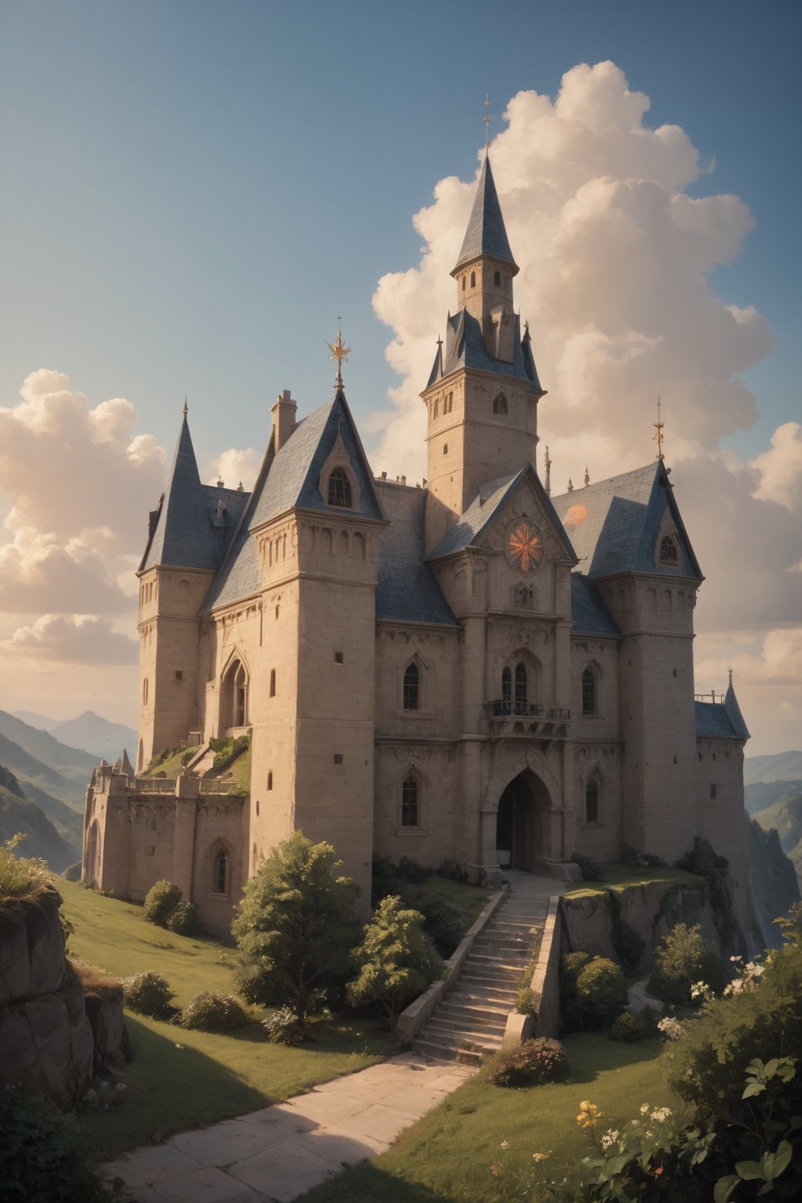 score_9_up, score_8_up, score_7_up, score_9_up, score_8_up, score_8_up, 

professional photo, masterpiece, photorealistic, hyper-detailed, realistic, ultra-high resolution, highest quality 

Generate an image showing a majestic medieval castle at sunrise. The castle should be situated on a hill, overlooking the vast valley below. Its stone walls and towers are illuminated by the first rays of the sun, giving them a golden glow. The rising sun creates a warm, orange-pink glow in the sky, with delicate clouds reflecting these colors. 

There are dense forests around the castle, and in the valley you can see the river flowing along the castle walls. In the castle courtyard, you can see knights and horses preparing for the day, as well as flags flying from the towers. The entire scene should exude calm and majestic beauty, emphasizing the historic and epic nature of the place.