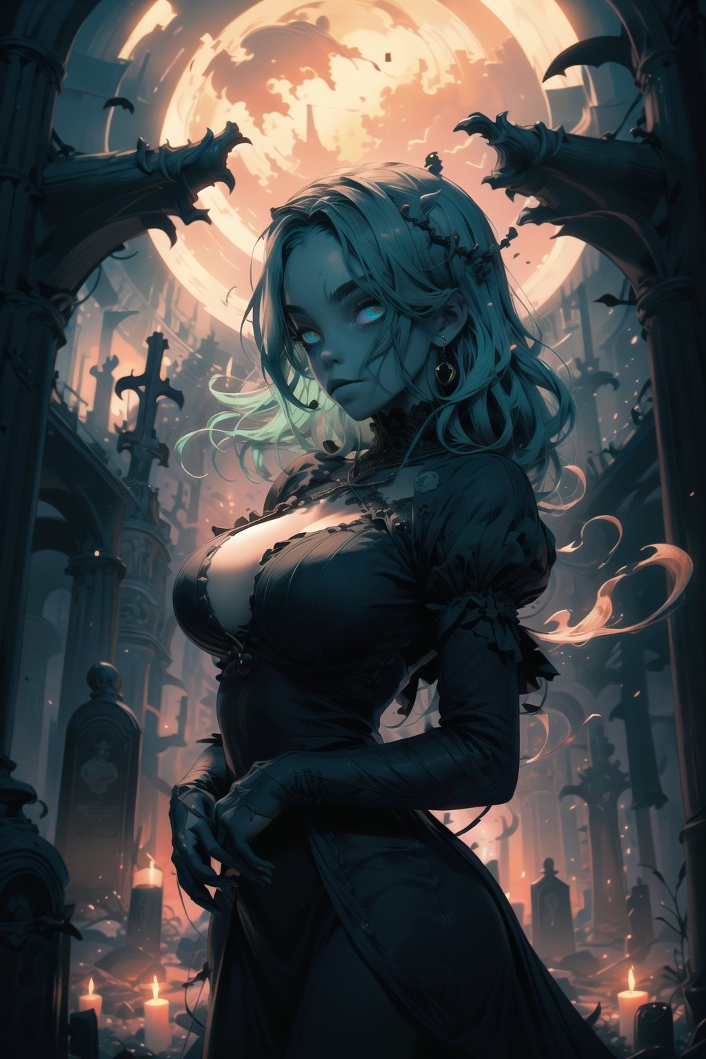 nsfw, nude, 21yo naked girl, (masterpiece, best quality, highres:1.3), ultra resolution image, (1girl), female, (solo), green hair, eyes glinting, eerie charm, gothic, (spectral chic:1.4), cryptic, labyrinthine cemetery, gothic arches, elegance, (necropolis:1.5),glitter, ohterworldly energy, green wisps, undead maiden, moonlit paradise,  (mystic tranquility:1.3), realm of the decease, chaosmix,a woman m111y