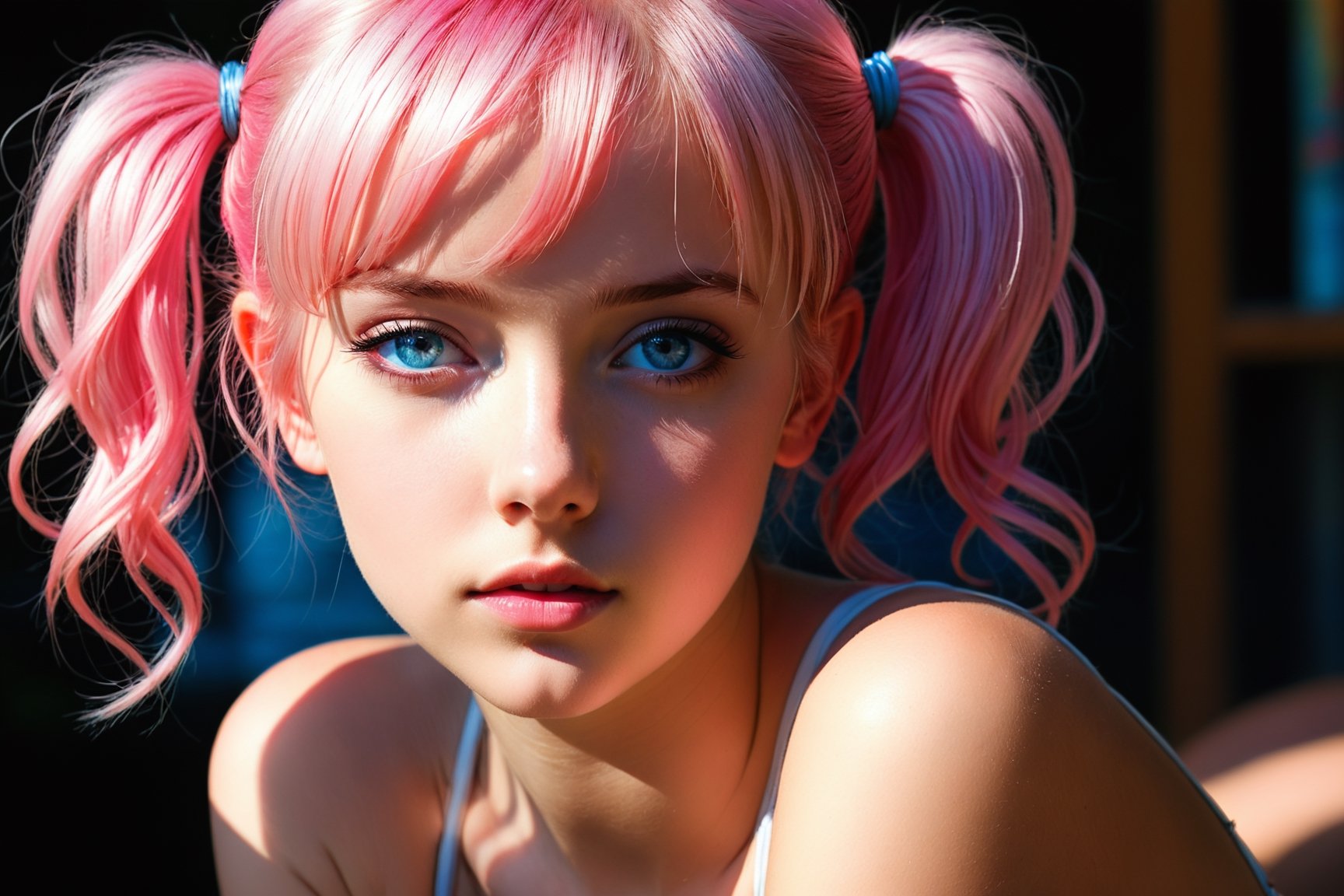 nsfw, 21yo girl, Masterpiece, Sensual graphic novel scene: A beautiful young girl, sexy curves and adorable cute face, short pink hair, low twintails, blue eyes, canon 8 5 mm f 1, 2 lens, depth of field, hq, filmic, dreamy, lens flare, in - focus, by Mark Arian, by Jean Giraud and Moebius, hyperrealistic, instanely detailled art