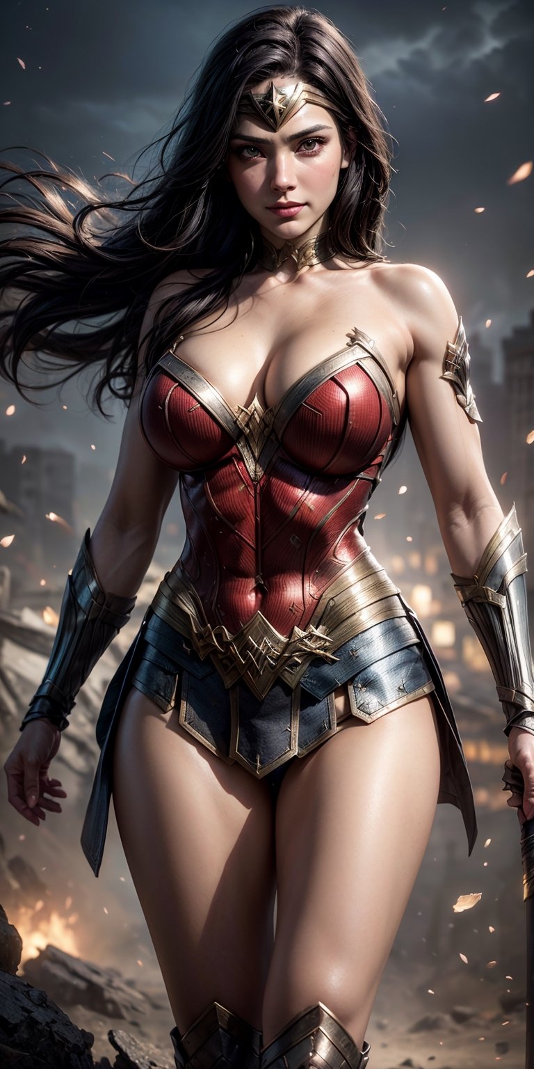 Very beautiful, Wonder Woman, amazon warrior, ((big natural breasts)),superhero pose, smiling at the viewer, mid body shot, long black hair, vivid eyes, DC comic character, dim volumetric lighting, 8k octane beautifully detailed render, post-processing, portrait, extremely hyper-detailed, intricate, epic composition, cinematic lighting, masterpiece, very very detailed, masterpiece, stunning Detailed matte painting, deep color, fantastical, intricate detail, splash screen, complementary colors, fantasy concept art, 8k resolution trending on Artstation Unreal Engine 5,chiaroscuro, bioluminescent, Volumetric light, auras, rays, vivid colors reflects.,wonder woman,girl,WonderWaifu