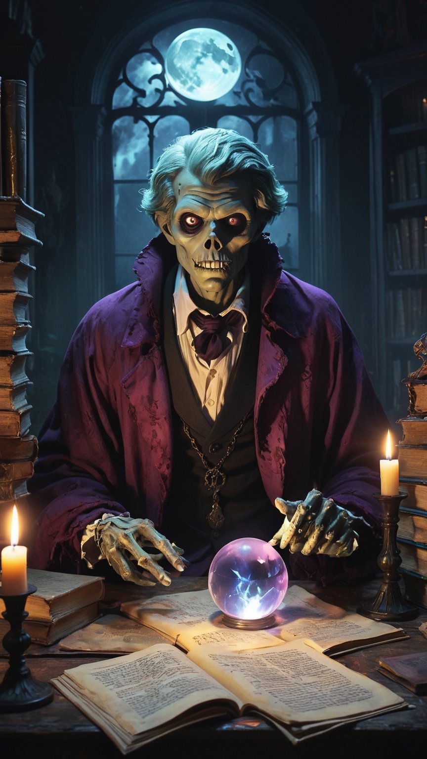 (stylized by Joseph Ducreux:1.1) and (Emil Nolde:1.0), anime key visual, Embossing,
In the eerie candlelit room of a haunted mansion, a ghoul with tattered robes is engrossed in an intense study session, poring over ancient books and scrolls. At the center of the cluttered desk, a mysterious crystal ball gleams with an otherworldly glow, adding an element of the supernatural to the ghoul's quest for knowledge. The room exudes an aura of mystery as the ghoul delves into the secrets hidden within the crystal ball during this midnight study session.




