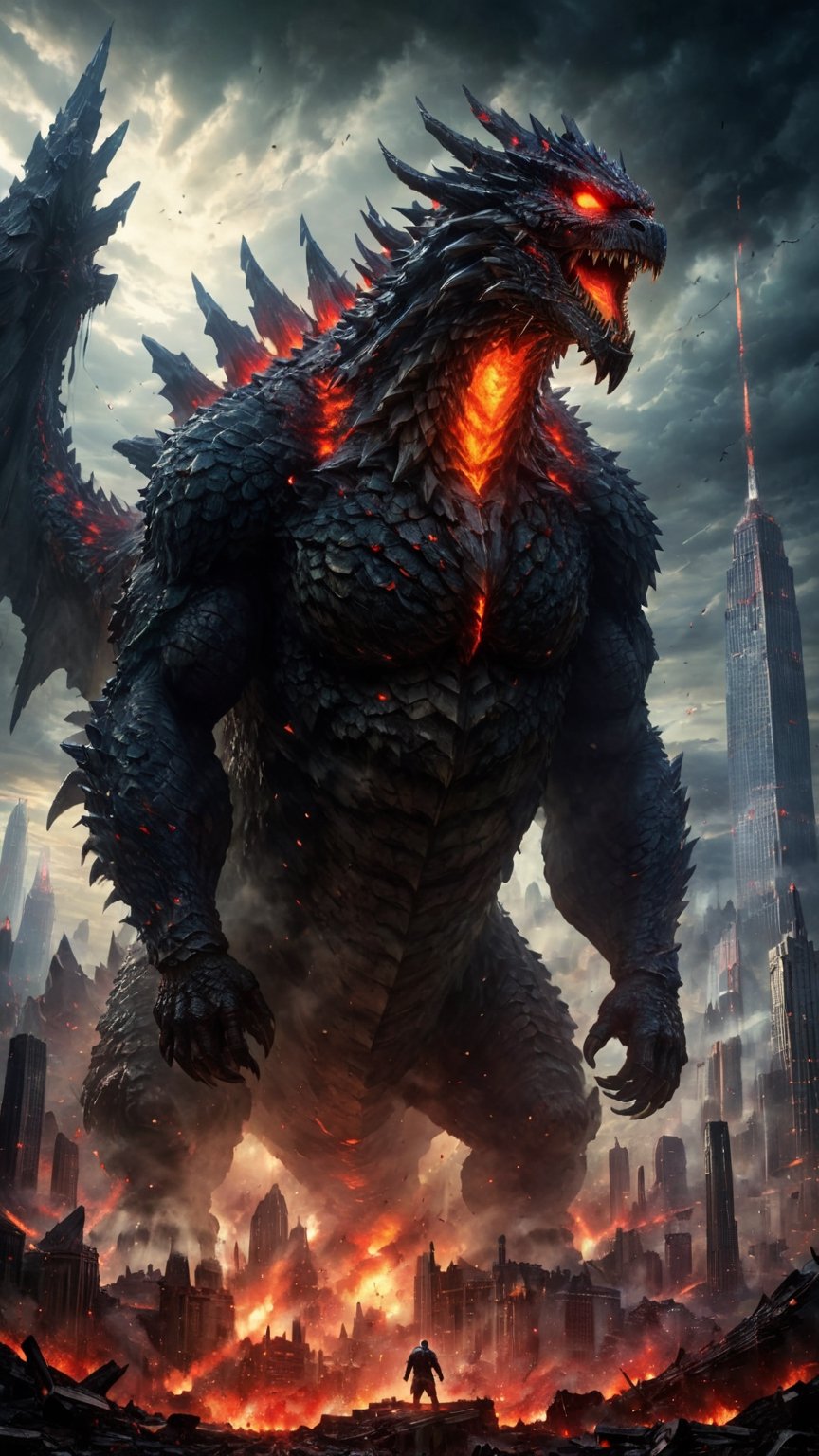 Imagine a colossal Godzilla, its stupendous body the size of a city, towering over a desolate landscape, Gigantic legs crushing the ruins below, while glowing red eyes scan for prey, reflecting the dying light of a shattered world.
 
