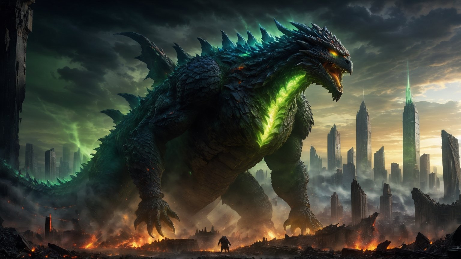 A colossal Godzilla kaiju, its stupendous body the size of a city, towering over a desolate landscape, Gigantic legs crushing the ruins below, while glowing green eyes scan for prey, reflecting the dying light of a shattered world.
 
