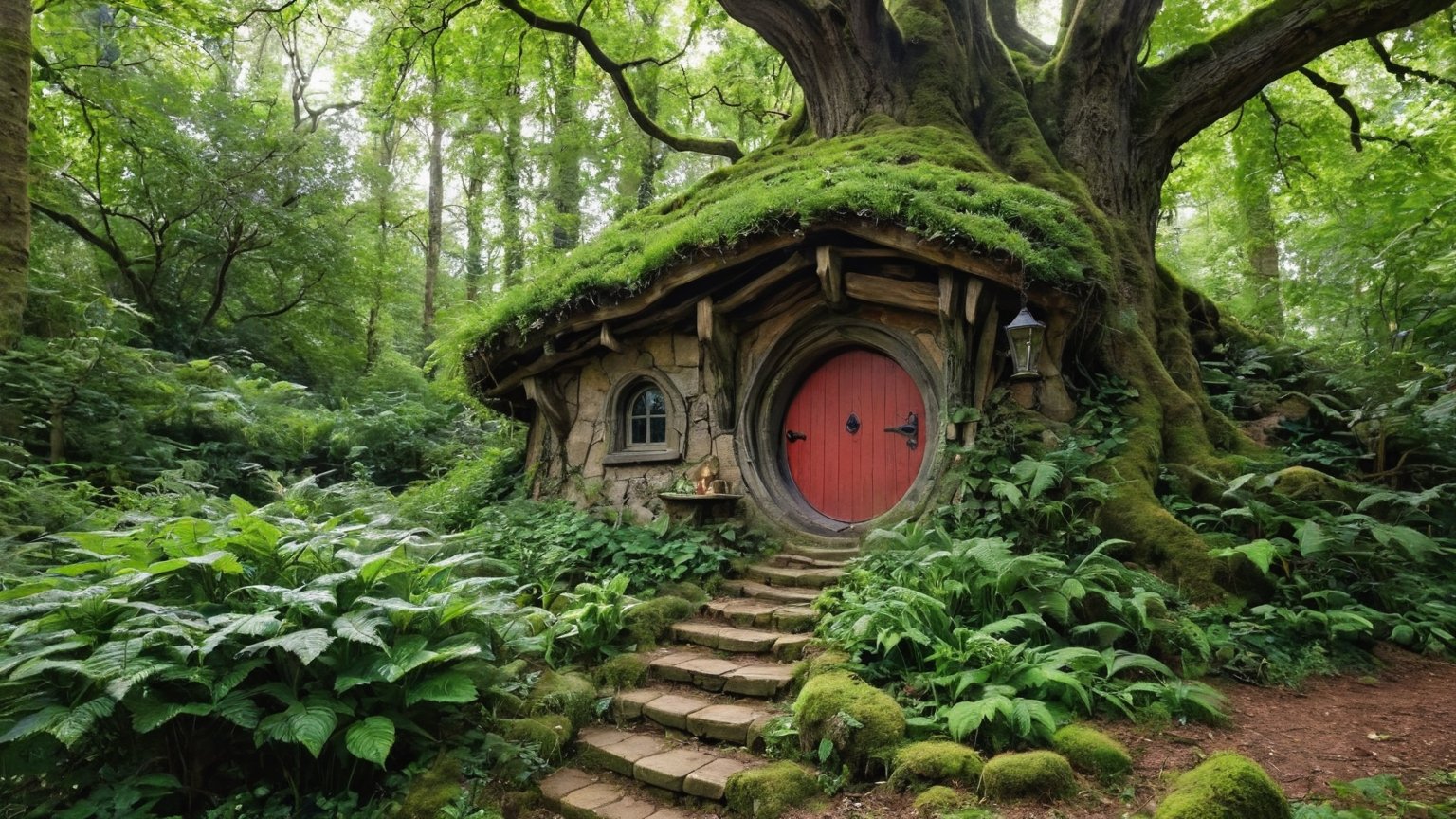 "Describe a magical home hidden deep within an enchanted forest, where every room holds a secret and every corner whispers with the echoes of ancient spells. Who lives there, and what wondrous adventures unfold within its walls?"