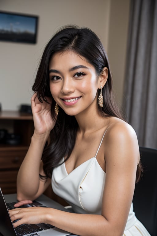 RAW photo, Latin woman smiling, wearing formal outfit, typing on a laptop, looking at the camera (high detailed skin:1.2), 8k uhd, dslr, soft lighting, high quality, film grain, Fujifilm XT3
