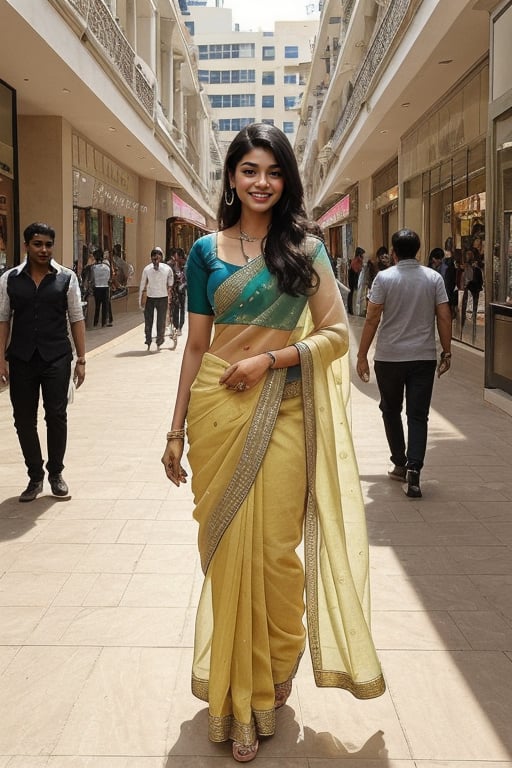  a vibrant and sunny day in a city in Tamil Nadu. A 19-year-old girl named rashmika mandana at the mall . Her long, dark hair is adorned ,wearing  a saree and she has a gentle smile on her face, exuding confidence and grace.