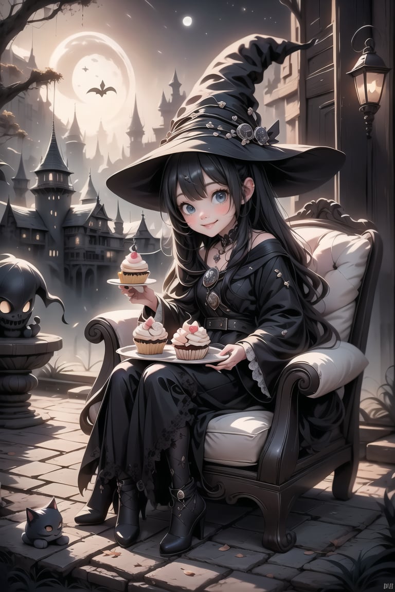 a cute witch smiling sitting on an armchair, pumps, eating a cupcake, haunted palace at night, (night scene), 