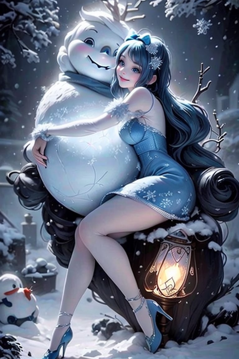 masterpiece, best quality, a frost witch smiling, blue hair, hair bow, crystal cloth dress, tights, pumps, hugging a giant snowman, (falling snow), frozen garden at night, (night lamps)