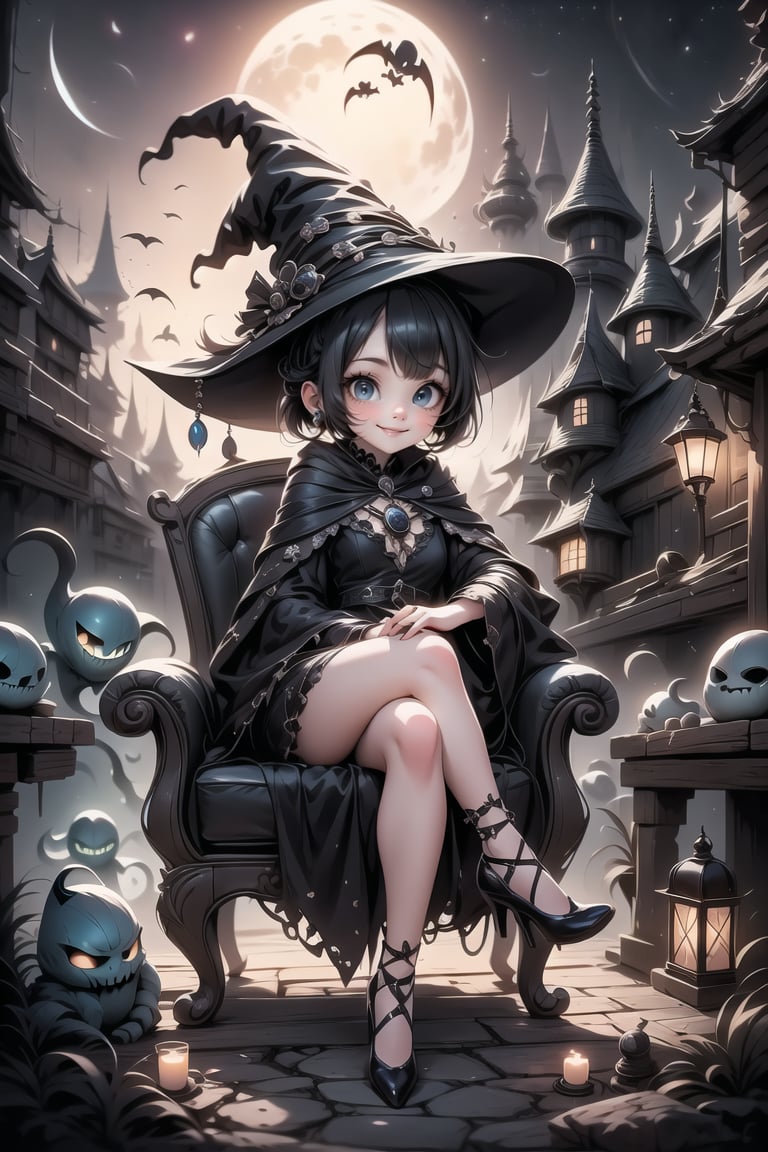a cute witch smiling sitting on an armchair, pumps, putting make_up, haunted palace at night, (night scene), ,plastican00d