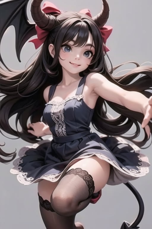 a close up of a (horned demon girl) smiling, wearing a lace cloth dress, black hair, red smokey eyes makeup, ((hair bow)), stockings, pumps, dramatic magic floating pose, 