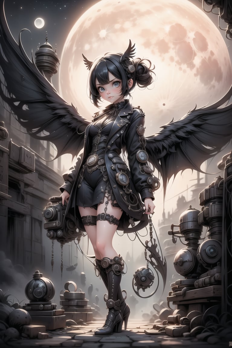 a cute girl ((disgusted look)), pumps, using mechanical wings, night scene, at night, moon, steampunk art style