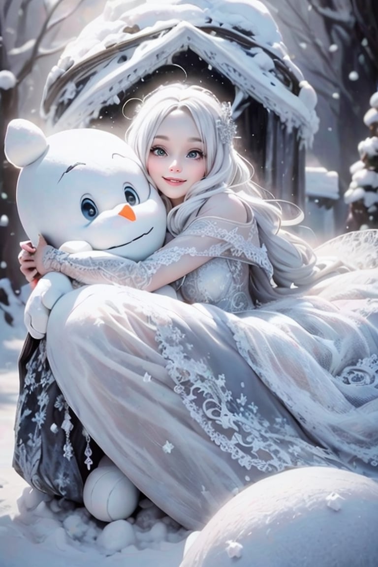 masterpiece, best quality, an ancient frost witch smiling, hugging a giant snow man, wearing a fantasy crystal dress, white hair, dreamy style, rococo ruffles dress, pumps, frozen garden, (falling_snow)