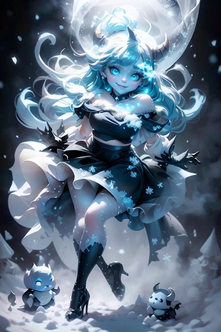 masterpiece, best quality, a cute horned demon smiling, blue lips, blue hair, intense blue smokey eyes makeup, crop shirt, sheer draped skirt, (white) tights, ((black pumps)), playing with the snow, frozen magical garden (at night), magic lights floating around, (falling snow), photoshoot, dynamic pose, angle from below,plastican00d