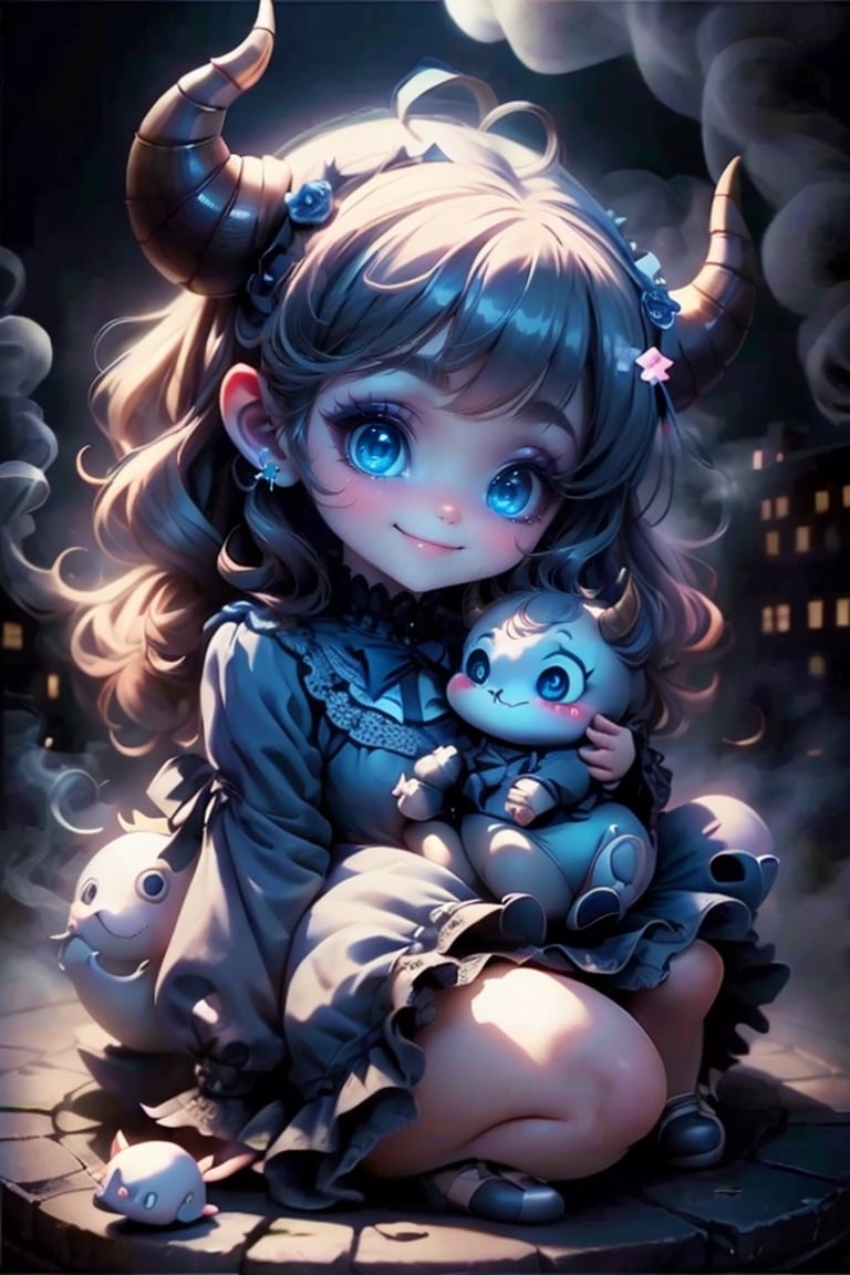 masterpiece, best quality, a cute horned demon smiling, slouching to the front, intense blue smokey eyes makeup, summer dress, Lolita pumps, city at night,