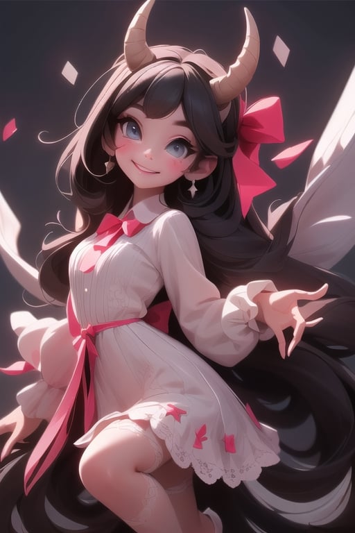 close up of a (horned demon girl) smiling, wearing a lace cloth dress, black hair, red smokey eyes makeup, (hair bow), stockings, dramatic magic floating pose, full body.