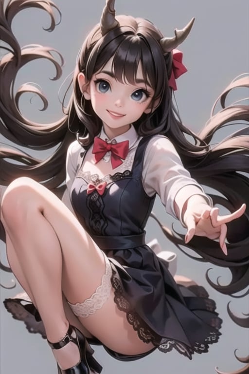 a close up of a (horned demon girl) smiling, wearing a lace cloth dress, black hair, red smokey eyes makeup, ((hair bow)), stockings, pumps, dramatic magic floating pose, 