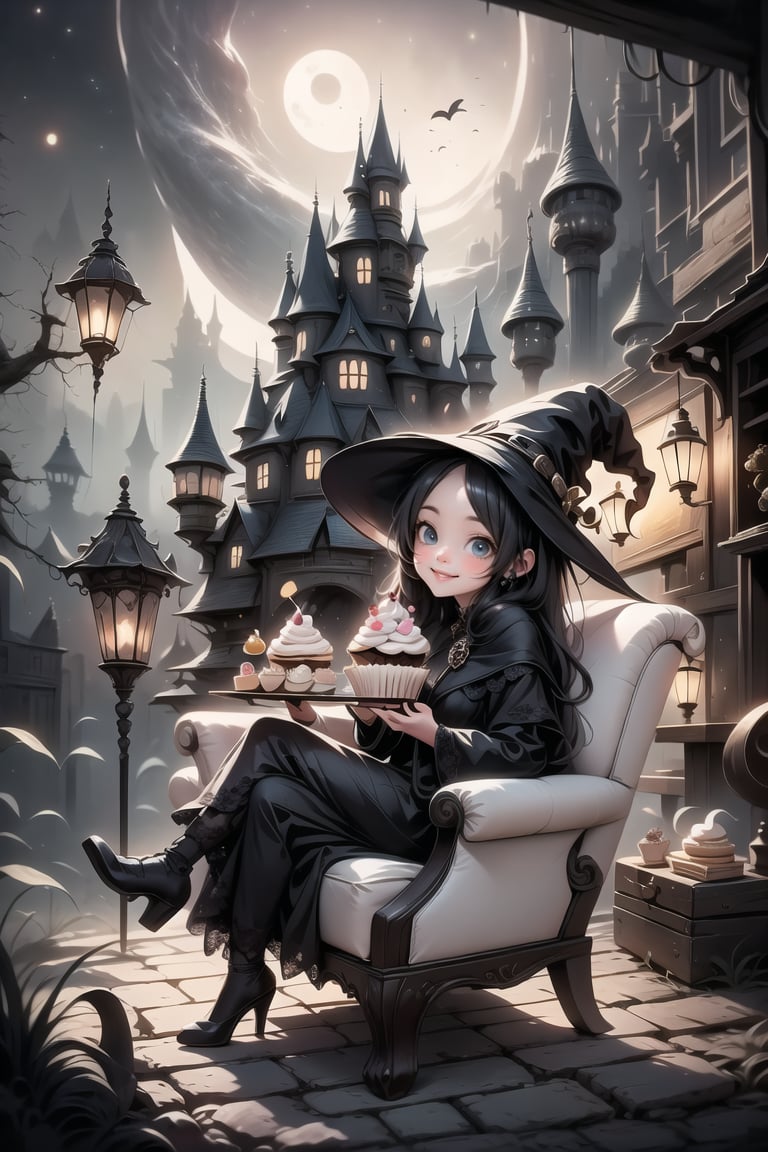 a cute witch smiling sitting on an armchair, pumps, eating a cupcake, haunted palace at night, (night scene), 