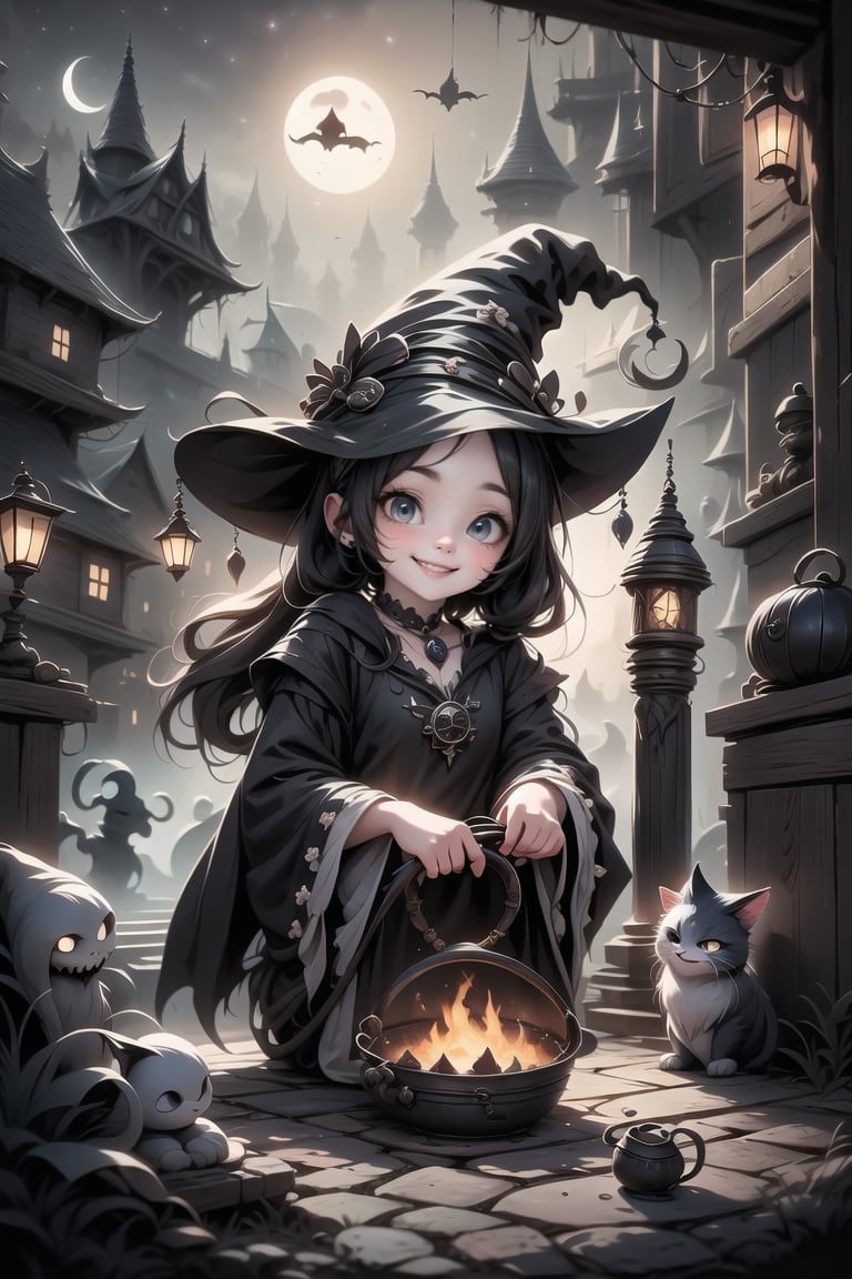 a cute witch smiling using a cauldron, pumps, haunted palace at night, (night scene), ,plastican00d