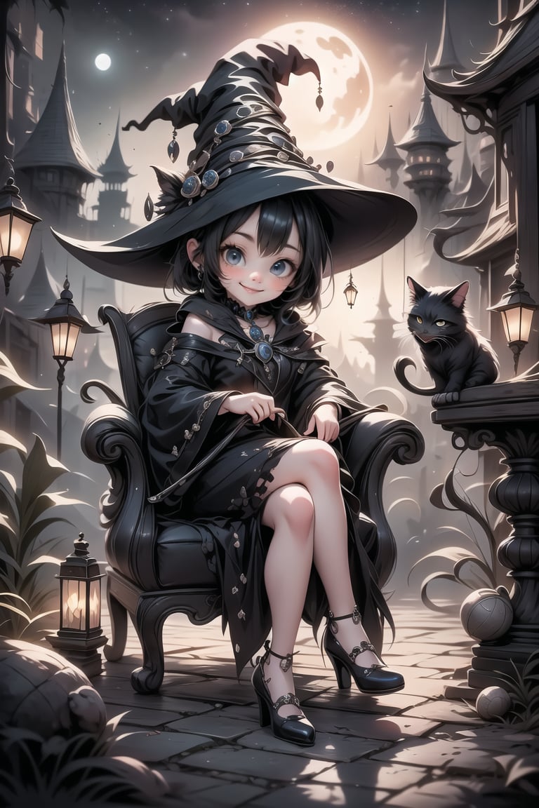 a cute witch smiling sitting on an armchair, pumps, grabbing her ankle, haunted palace at night, (night scene), ,plastican00d