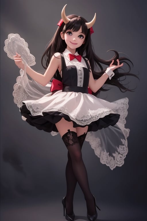 a (horned demon girl) smiling, wearing a lace cloth dress, black hair, red smokey eyes makeup, (hair bow), stockings, pumps, dramatic magic floating pose, full body, 