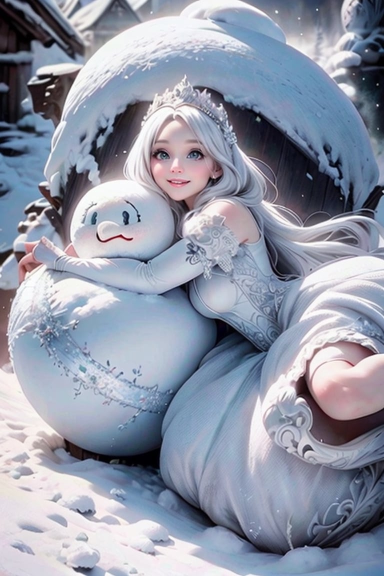 masterpiece, best quality, an ancient frost witch smiling, hugging a giant snow man, wearing a fantasy crystal dress, white hair, dreamy style, rococo ruffles dress, pumps, frozen garden, (falling_snow)