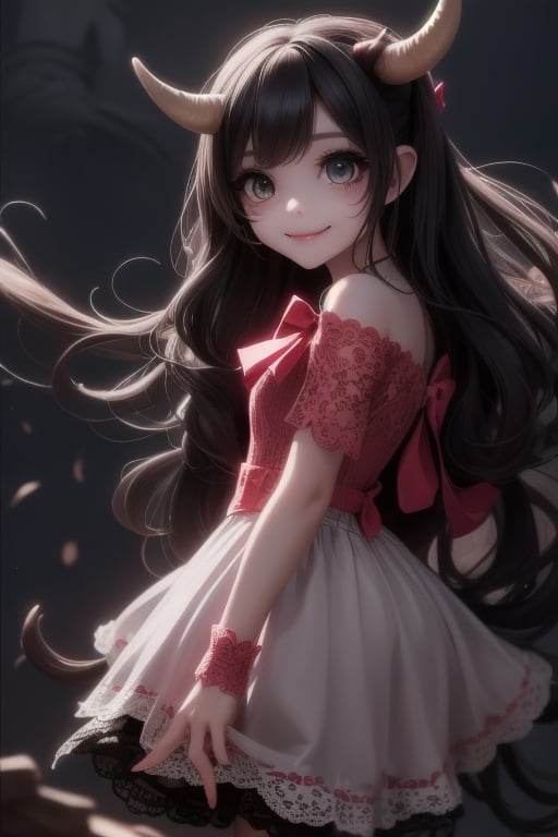 a clcose op of a (horned demon girl) smiling, wearing a lace cloth dress, black hair, red smokey eyes makeup, ((hair bow)), stockings, pumps, dramatic magic floating pose, (full body), sfw