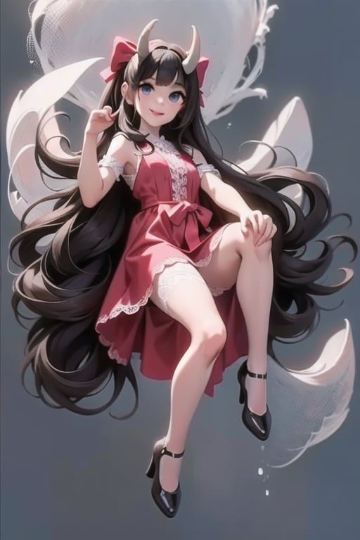 a close up of a (horned demon girl) smiling, wearing a lace cloth dress, black hair, red smokey eyes makeup, ((hair bow)), stockings, pumps, dramatic magic floating pose, (((full body))), 
