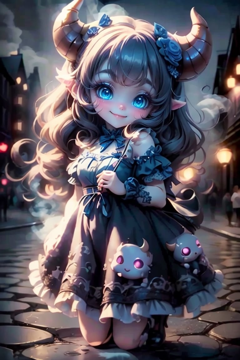 masterpiece, best quality, a cute horned demon smiling, spring city walk, intense blue smokey eyes makeup, summer dress, Lolita pumps, city at night,