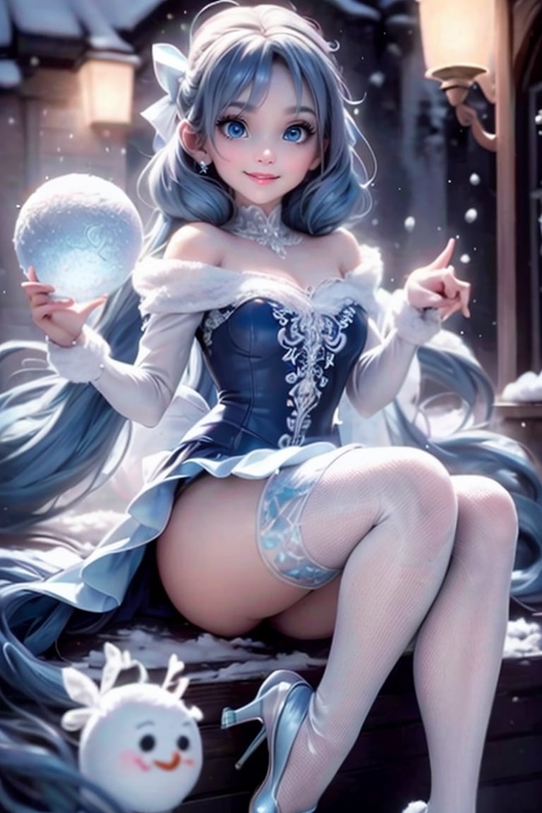 masterpiece, best quality, an ice fairy smiling, ice wings, blue hair, intense blue smokey eyes makeup, hair bow, ice cloth dress, tights, pumps, building a cute snowman, (falling snow), frozen garden at night, (night lamps)